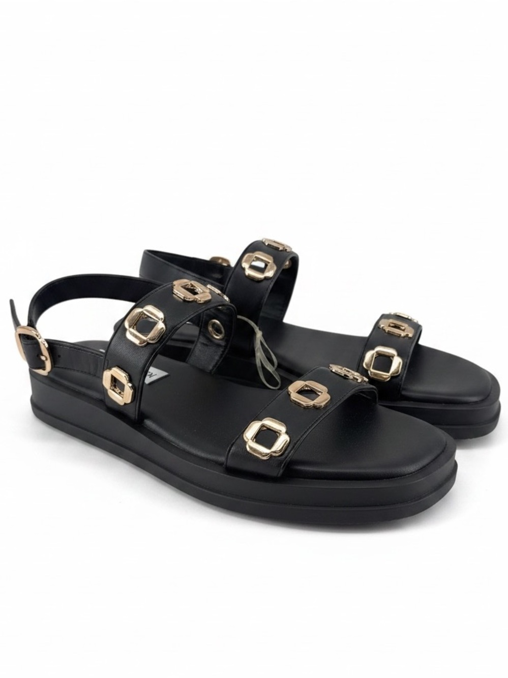 Steve Madden Tenacious Black Gold Studded Platform Sandals Womens 7.5 Gladiator - Picture 4 of 13
